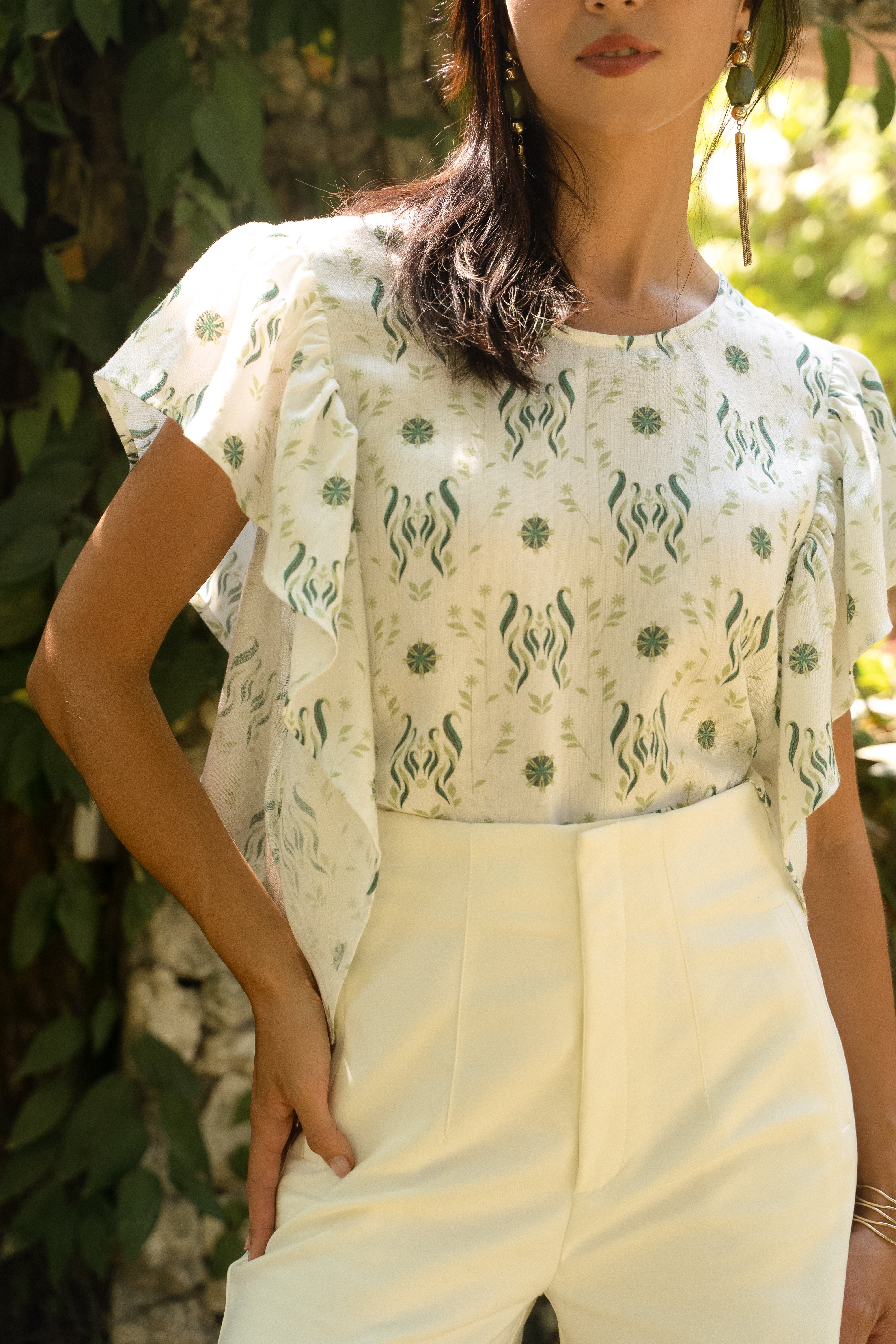 Ruffle Blouse in Verde Foliage